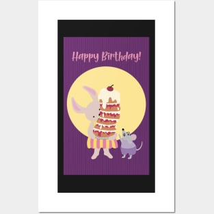 Happy Birthday card, greeting card, with a rabbit holding a high cake that almost will fall Posters and Art